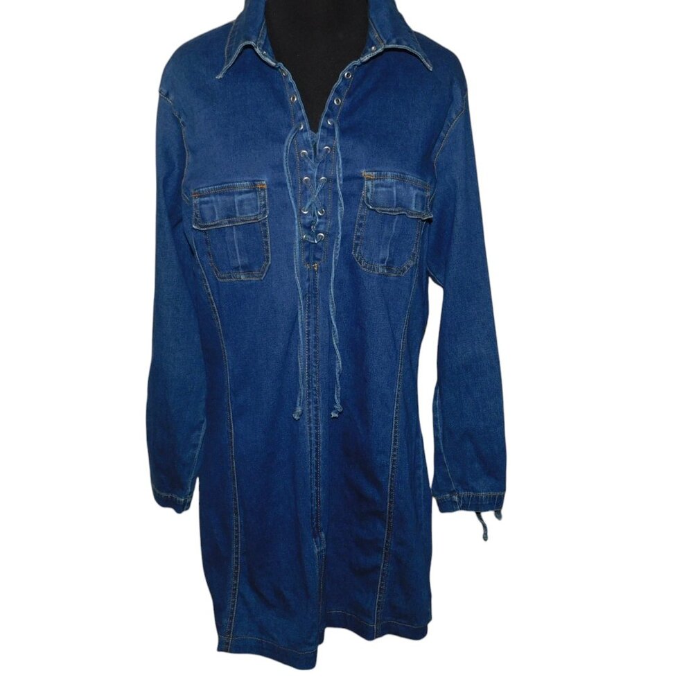 Adriana Sport Denim Dress With Lace Up Sleeves & Neckline Size 14 Vintage